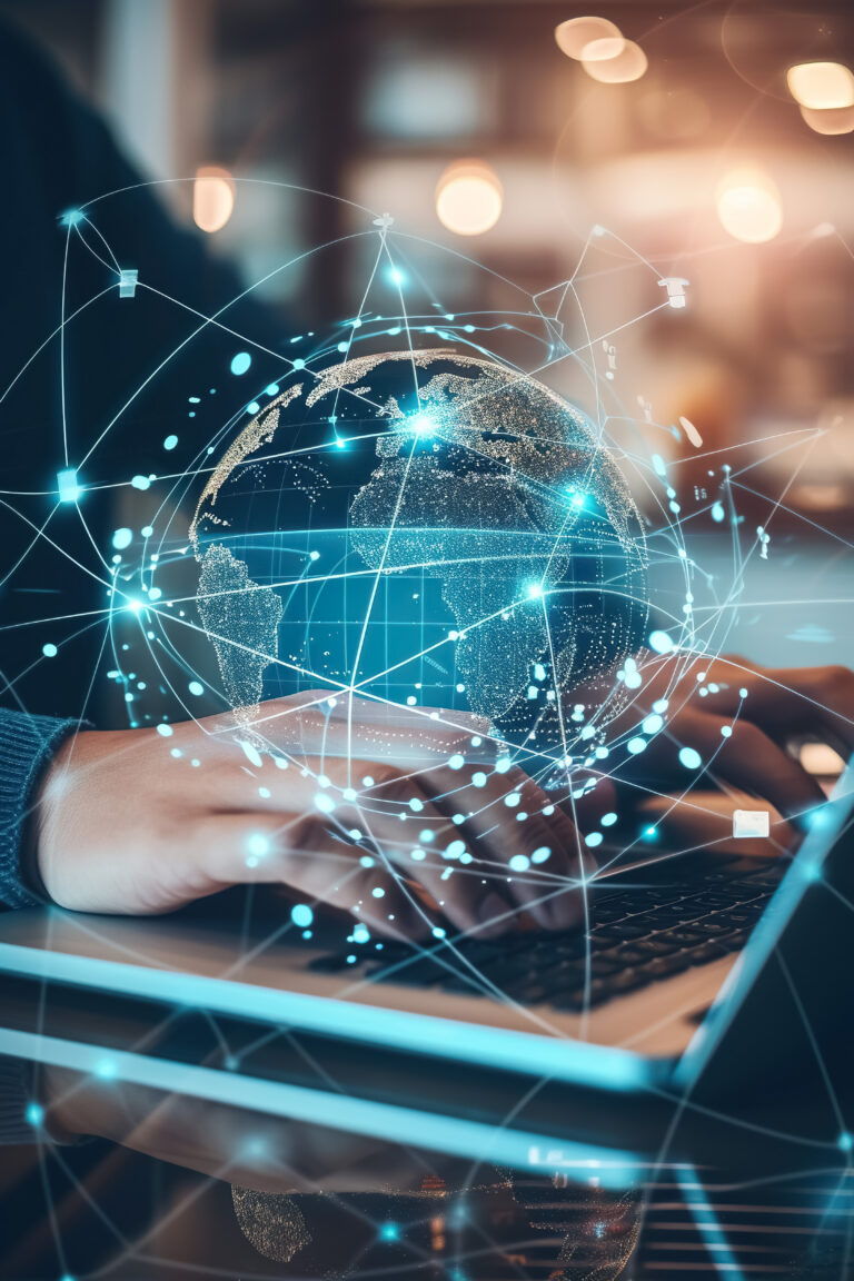 person working online with laptop computer and earth globe hologram overlay, futuristic smart networking concept