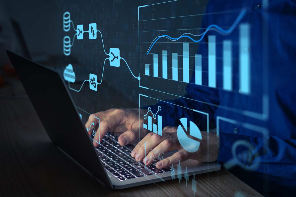 Analyst working with business analytics and data management system on computer to make case study report.