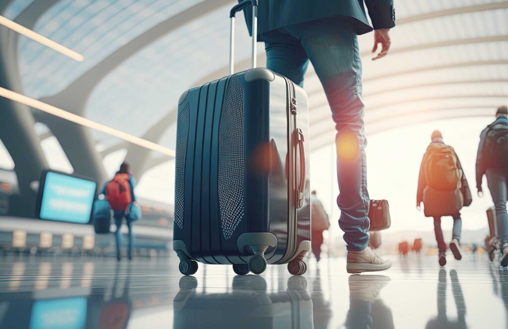 A business traveler walking through the airport