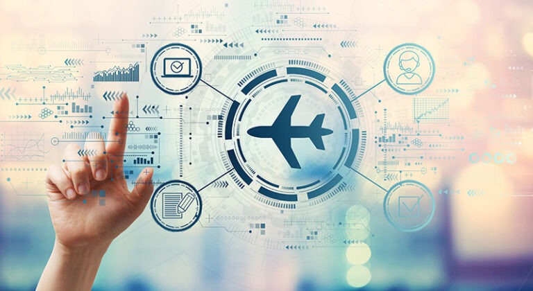 |Air ticket booking on digital tablet app or online travel insurance concepts. Person with digital tablet and symbol of a plane.