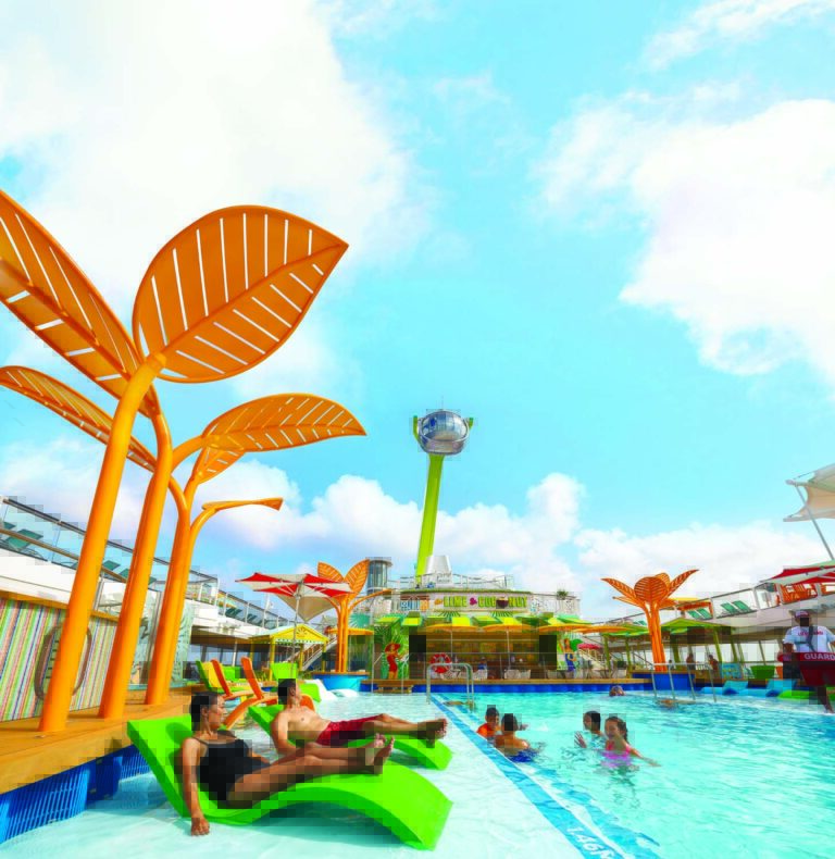 OY, Odyssey of the Seas, family lounging at pool deck, loungers, pool, North Star, Lime & Coconut