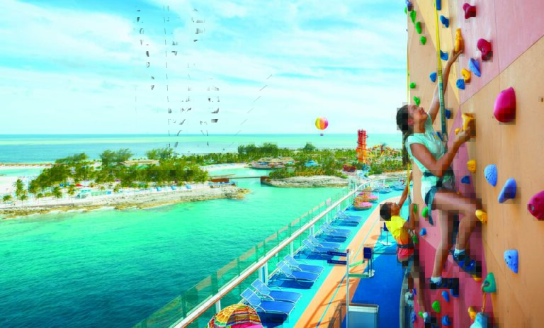 OY, Odyssey of the Seas, October 2021 Content Creator shoot, kids, rock climbing, aft, Perfect Day at Cococay island in distance, family fun, action