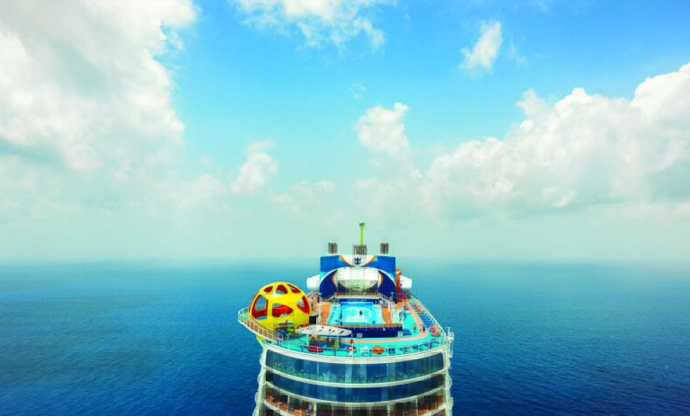 OY, Odyssey of the Seas, October 2021 Content Creator shoot, aerial, aft, Sky Pad, FlowRider, ocean horzon, Caribbean, clouds, blue
