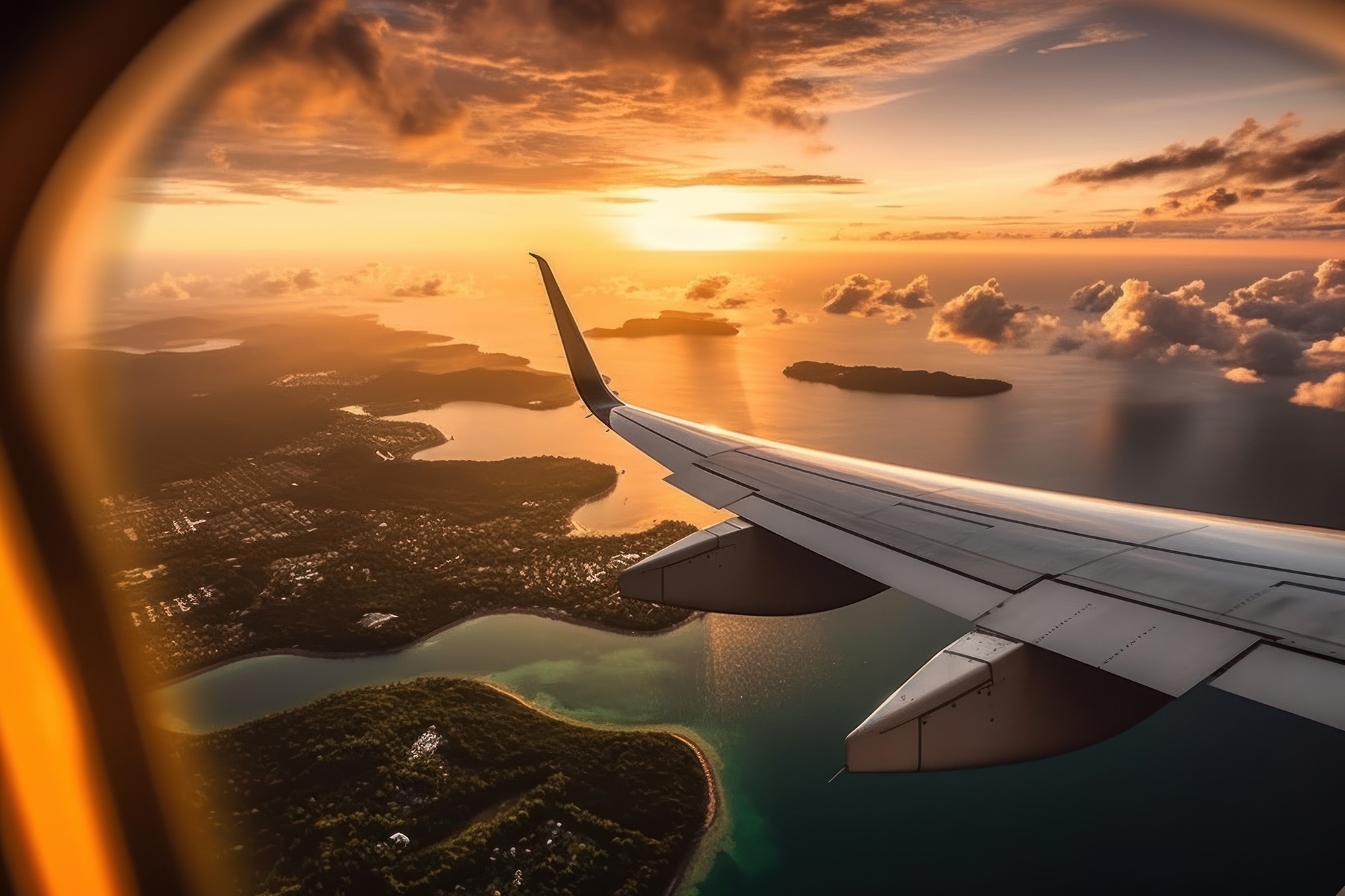 View of an airplane wing from window inside of airplane