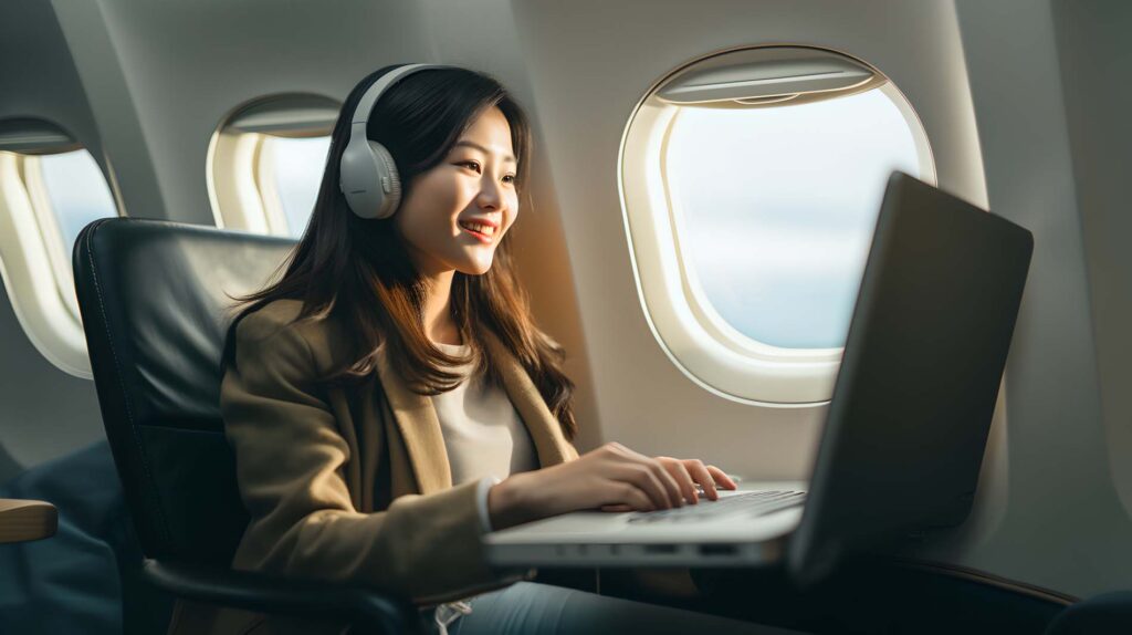 Young woman is working with laptop in airplane seat
