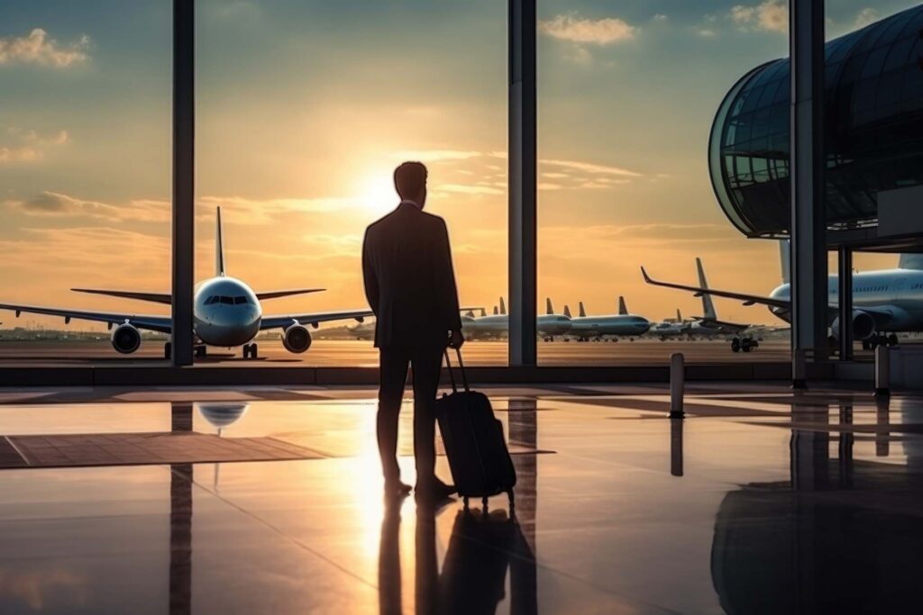 Businessman at airport looking at airplanes.