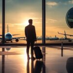 Businessman at airport looking at airplanes.