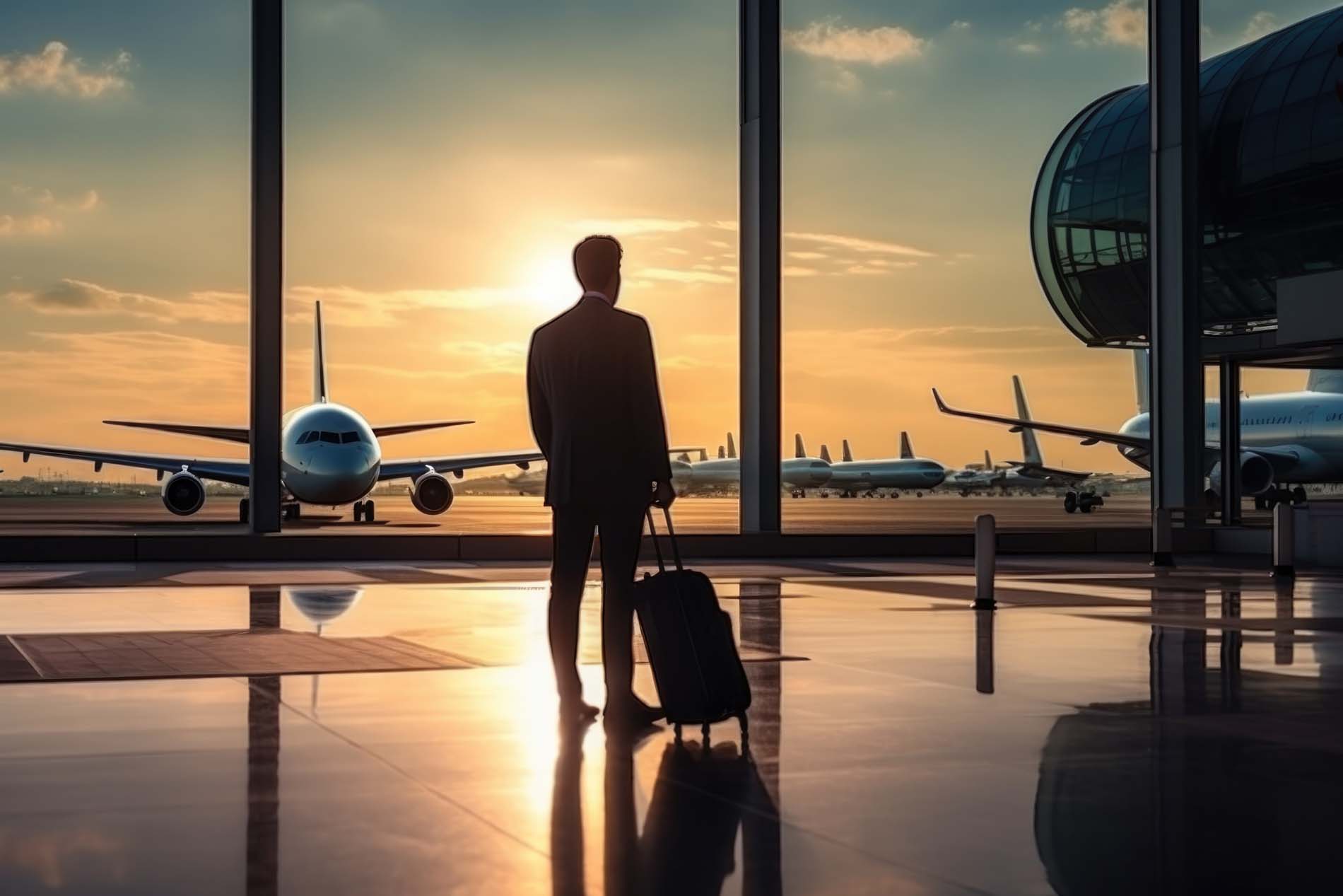 Businessman at airport looking at airplanes.