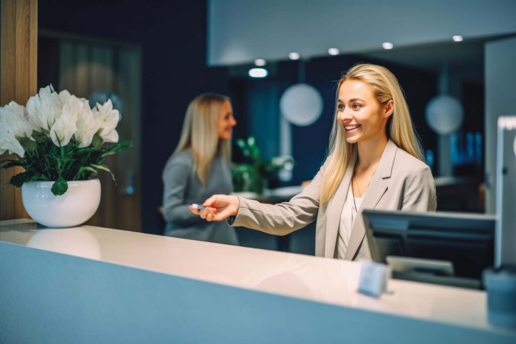 Portrait of female receptionist handling papers at reception desk