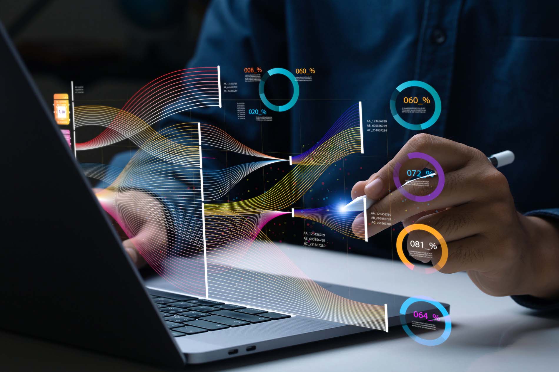 Businessman analyze and visualize complex information on a virtu