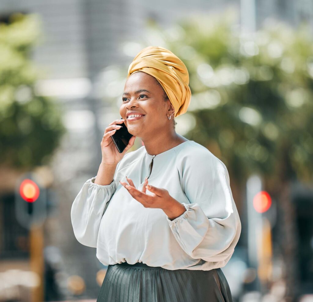 Travel, corporate worker and female person on smartphone for talking, conversation and communication