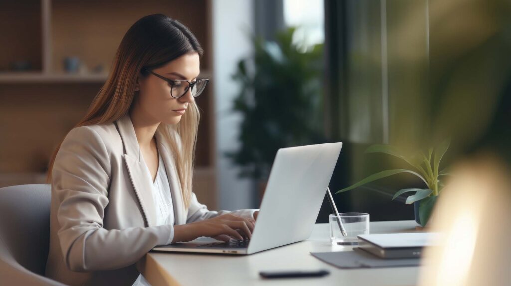 Young woman, girl student using laptop e-learning or remote working