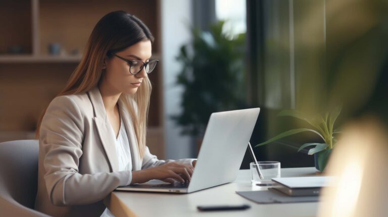Young woman, girl student using laptop e-learning or remote working