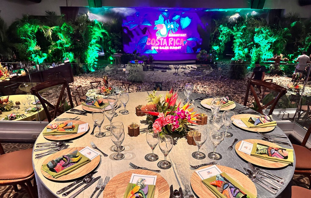 Dinner theater setup in a a tropical setting
