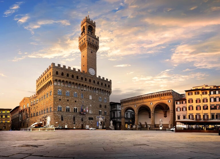 Square of Signoria in Florence at sunrise, Italy