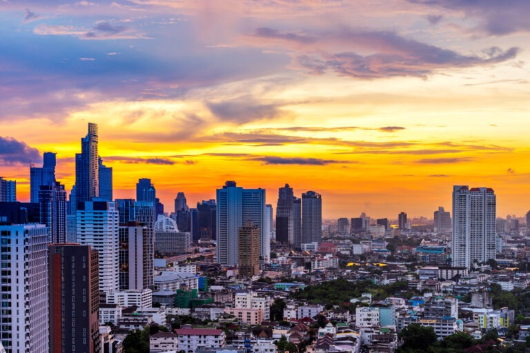 amazing twilight skyline and cityscape building in metropolis sunrise background