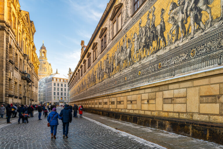 The Furstenzug (English: Procession of Princes) early in the morning in Dresden, Germany, is a large mural of a mounted procession of the rulers of Saxony.