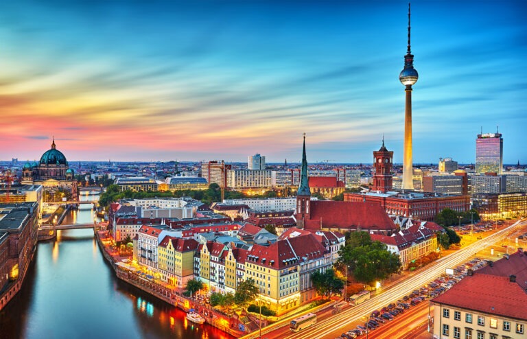 Berlin City Skyline in Germany at Night.