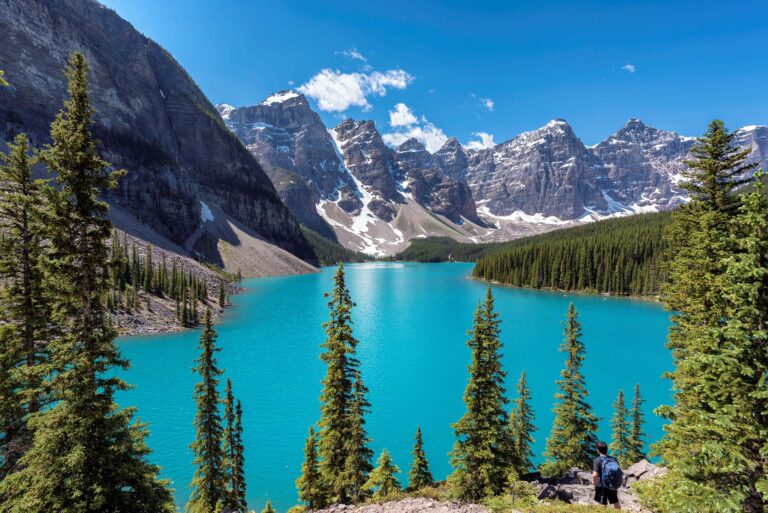 Banff National Park, Canada. Moraine Lake with snow-covered peak