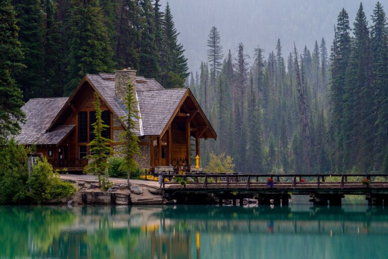 emerald lake lodge, reflecting off of emerald lake, yoho national park, british columbia, canada.