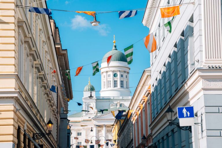 Helsinki cathedral with colorful garland in Helsinki, Finland