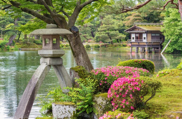 Stone Lantern in Japanese Garden Kenrokuen in Kanazawa, Japan