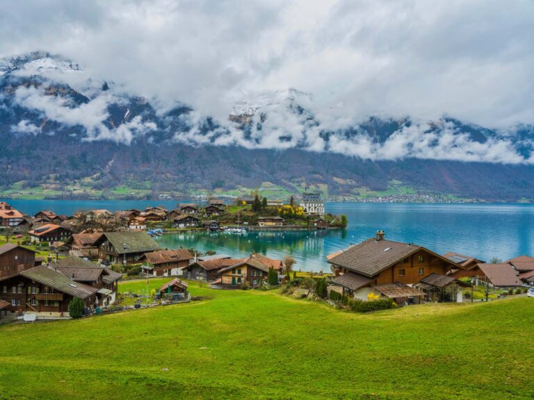 Iseltwald village houses on Lake Brienz in Bern, Switzerland