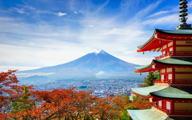 Mt. Fuji with Chureito Pagoda in autumn, Fujiyoshida, Japan