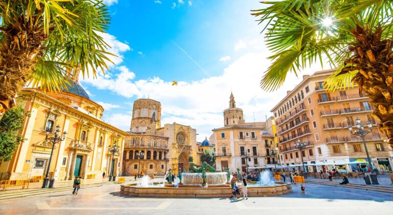 VALENCIA, SPAIN – 14 March 2019: Panoramic view of Plaza de la Virgen (Square of Virgin Saint Mary) and old town