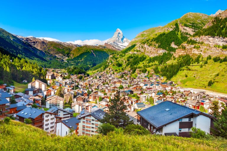 Zermatt town and Matterhorn mountain aerial panoramic view in the Valais canton of Switzerland