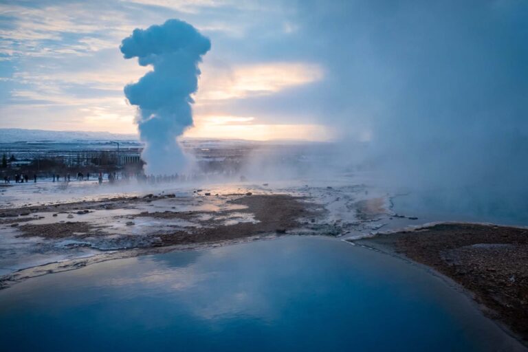 hot sulfur steam Strokkur Geysir, Golden Circle, Iceland