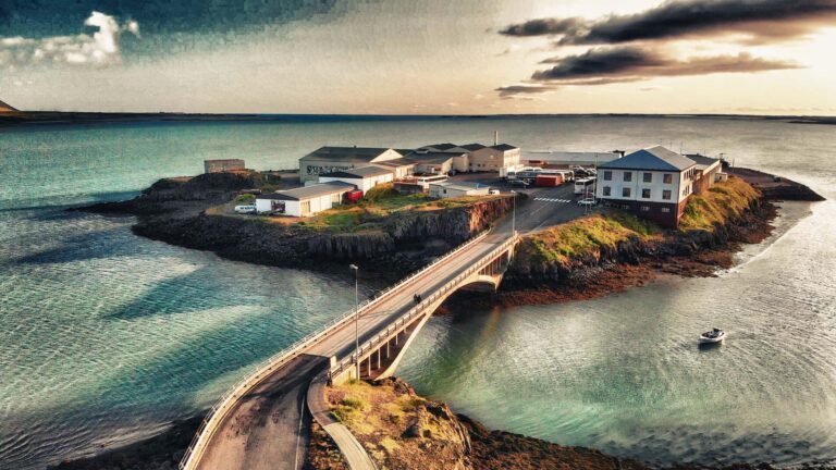 Panoramic view of town Borgarnes in South-Western Iceland from a drone viewpoint.