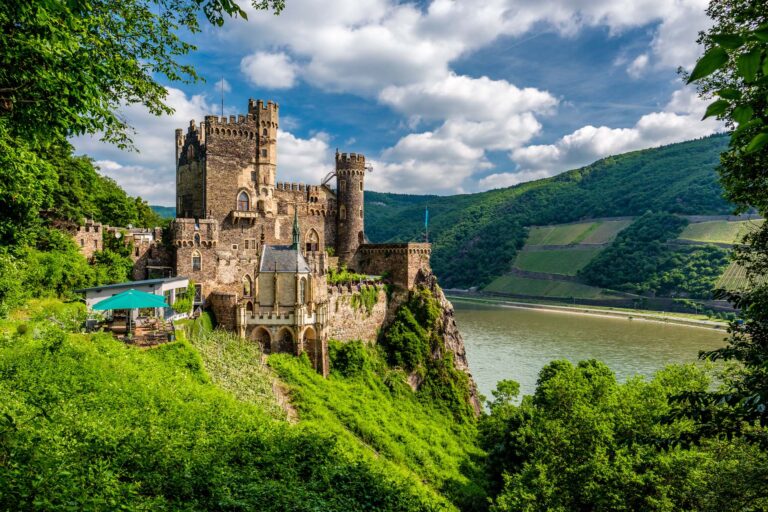 Rheinstein Castle at Rhine Valley (Rhine Gorge) in Germany. Built in 1316 and rebuilt in 1825-1844.