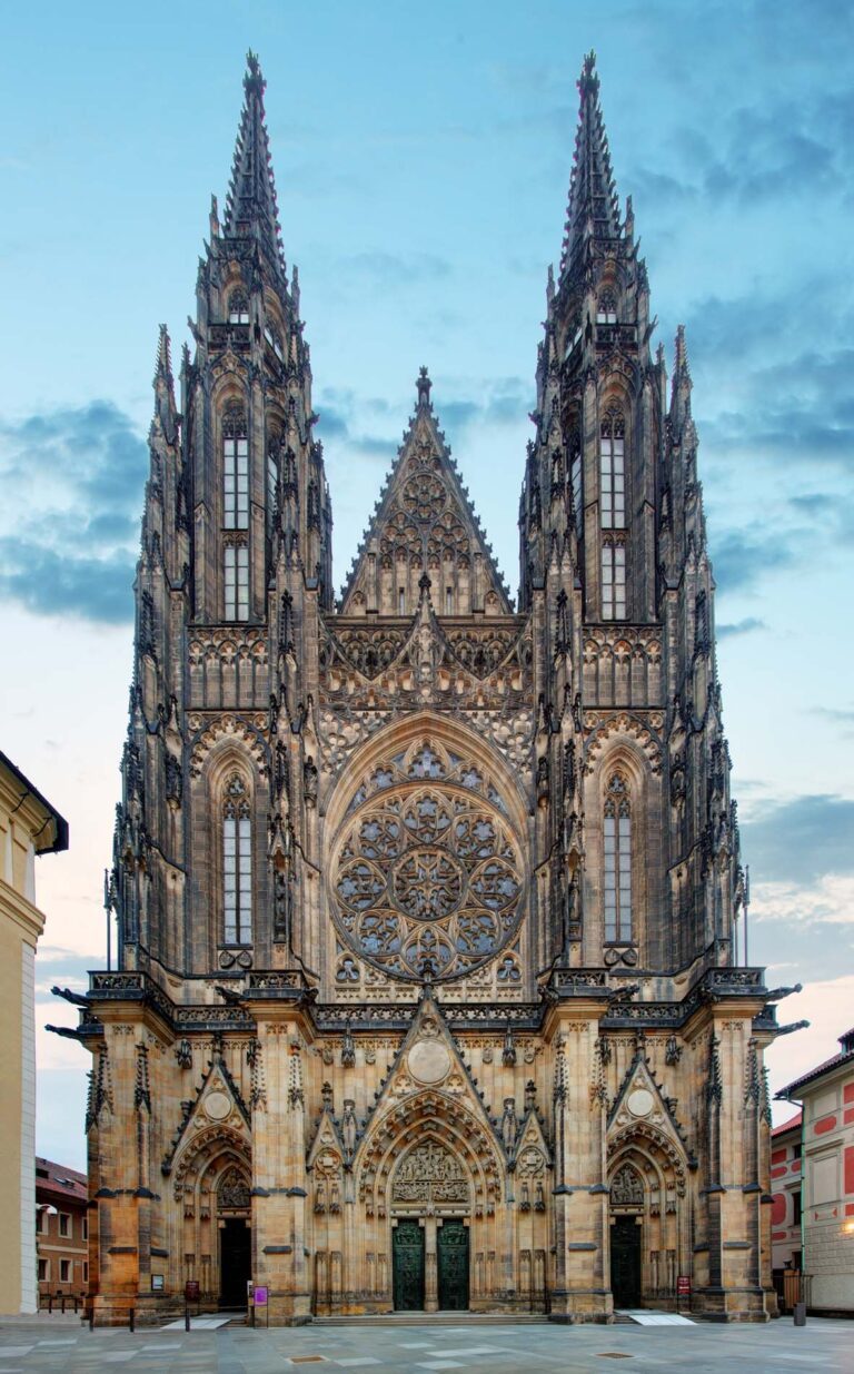 Front view of the main entrance to the St. Vitus cathedral in Prague Castle in Prague, Czech Republic