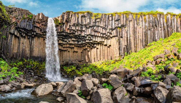 Wonderful and high Svartifoss waterfall with black basalt columns on South Iceland, summer time