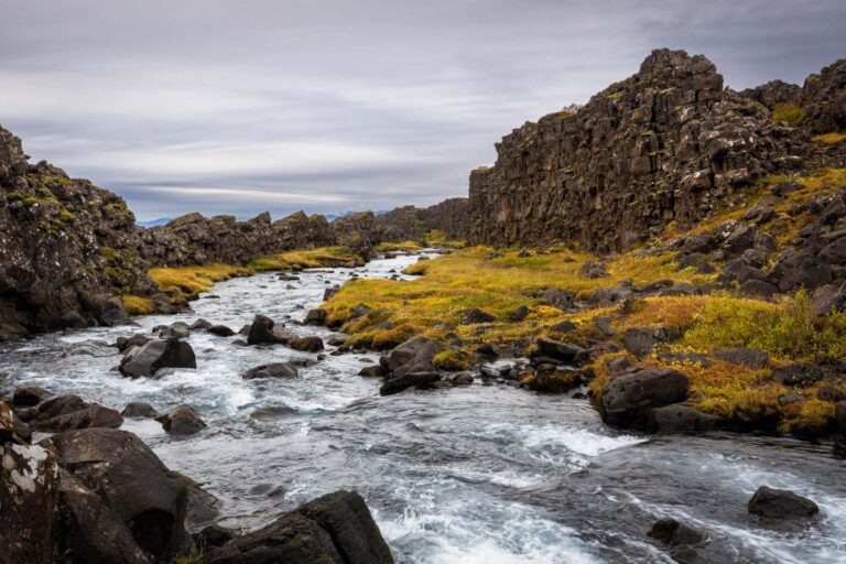 Oxara river in Thingvellir National Park, Iceland, flows in the