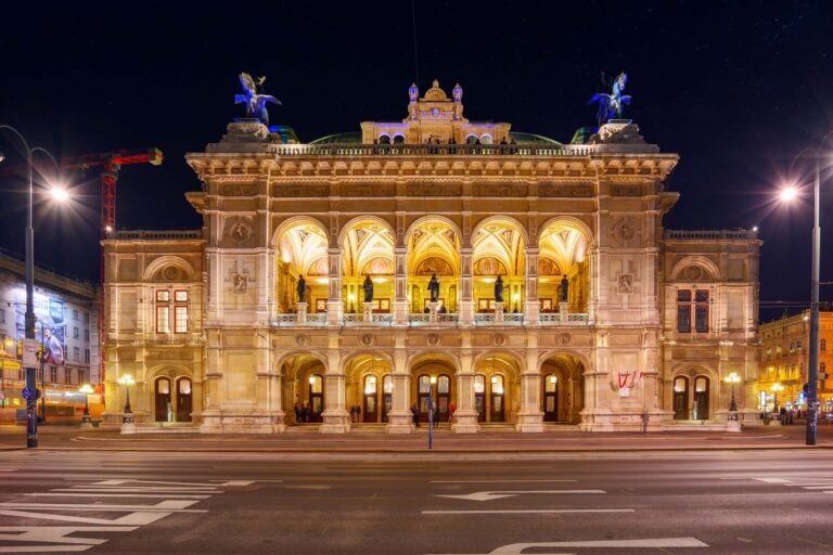 vienna, austria - oct 17, 2019: facade of famous opera house at night. popular travel destination