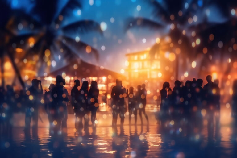 Party beach. Blurred people having night beach party in summer