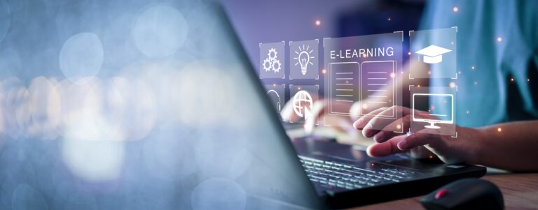 Concept of Online Education. Man Use Online Education Training and E-Learning Webinar on Internet for Personal Development and Professional Qualifications. Digital Courses to Develop New Skills.