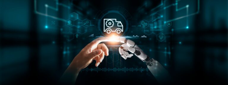 Logistic Management_ Hands of Robot and Human Touch Logistic Management Icon of Global Networking, Enhancing Efficiency with Automation, Embracing Digital Technologies of the Future